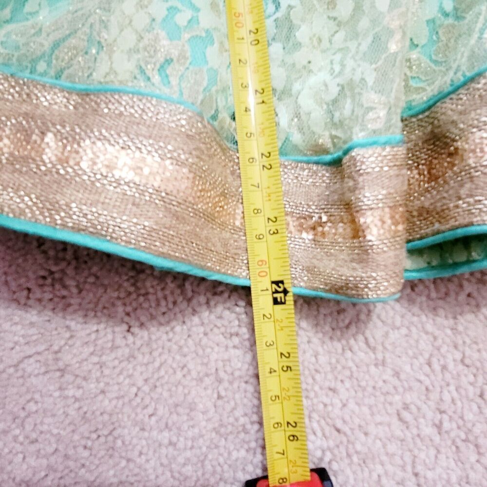Beautiful Turquoise Blue And Gold Girls Dress Hand Embroidered Front Net Sleeves - Picture 9 of 11